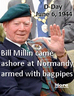 Bill Millin, the personal piper to Commander Lord Lovat, of 4 Commando, piped his men onto Sword beach against military regulations which banned musicians from travelling to the front. Millin�s role in the D-Day landings is well documented, and the Germans chose not to shoot the piper simply because they thought he had gone mad. 